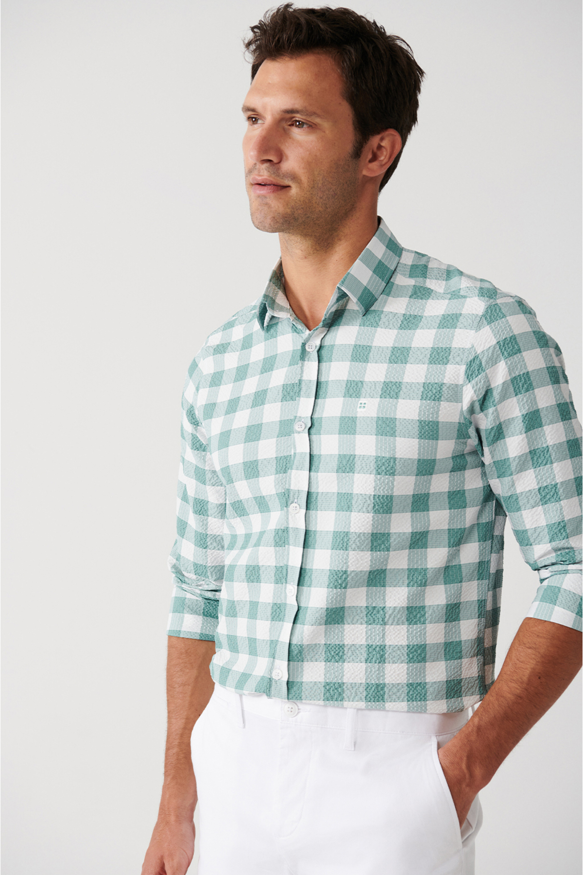 Levně Avva Men's Green Easy-Iron Button Collar Plaid Lycra Cotton Standard Fit Regular Cut Shirt