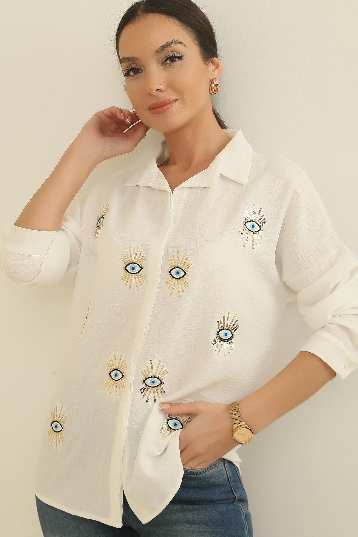 By Saygı Sequin Embroidered Eye Pattern Oversize Crepe Linen Shirt
