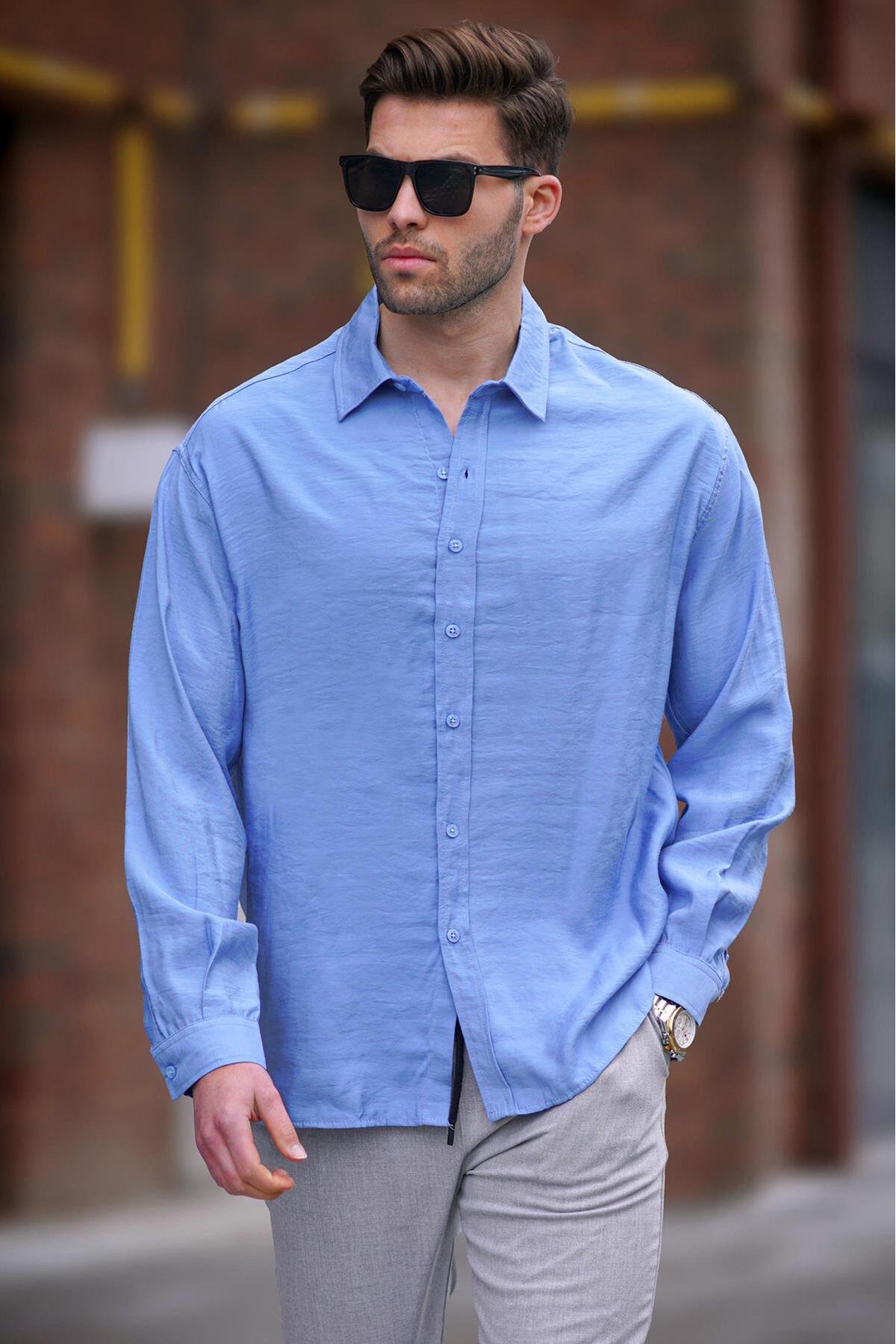 Levně Madmext Men's Blue Long Sleeve Oversize Shirt 6733