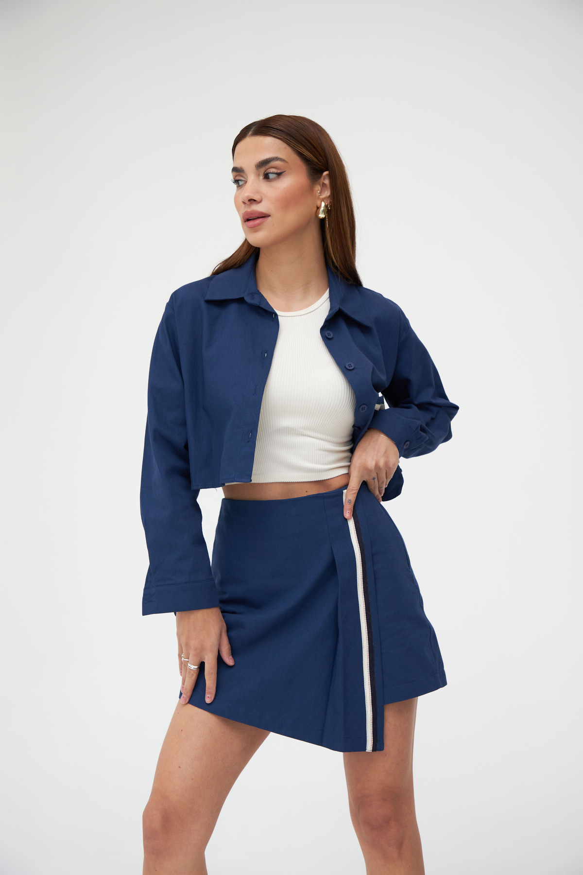 Laluvia Navy Blue Cotton Front Stripe Detailed Shirt-Shorts Skirt Set