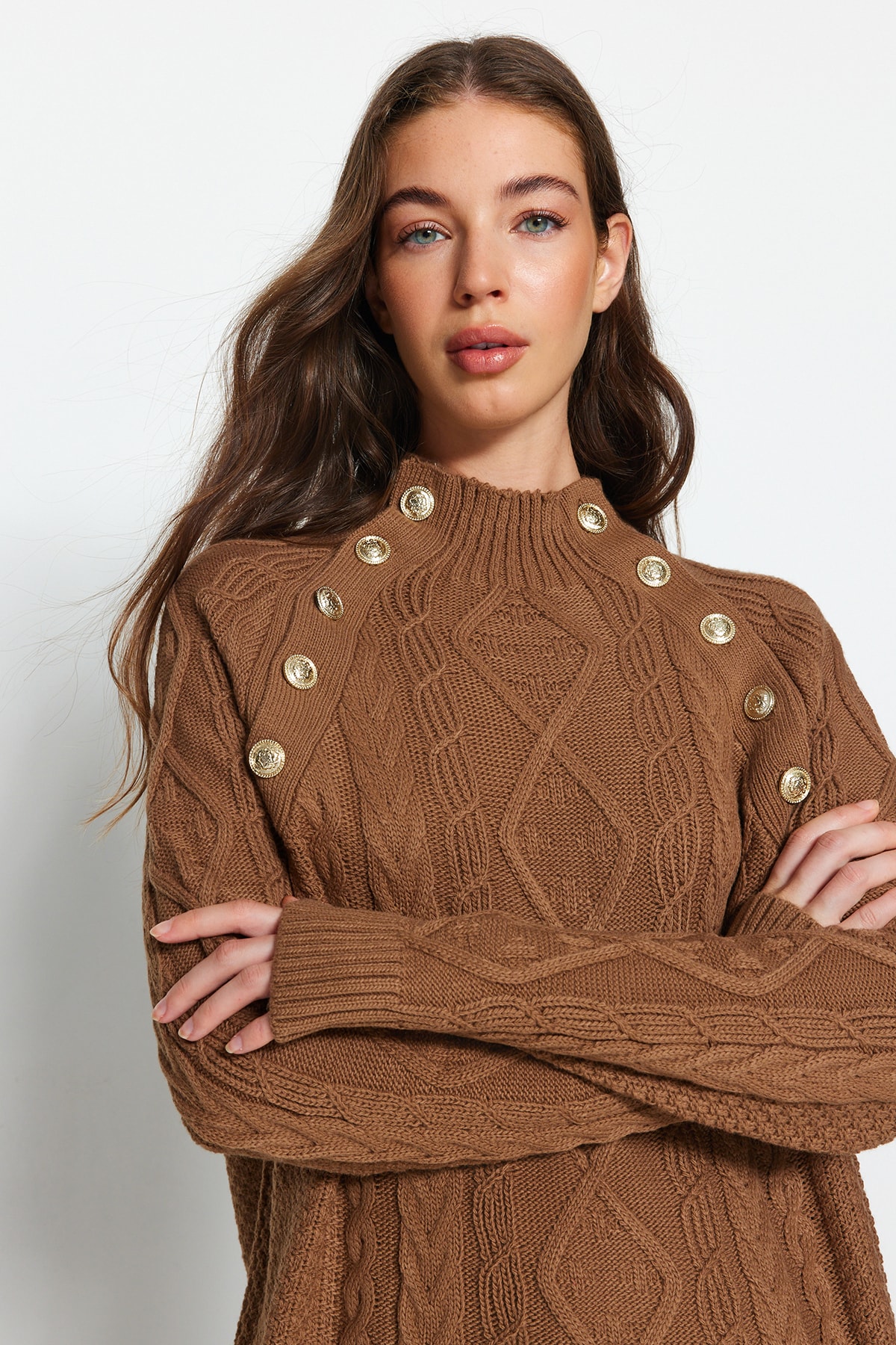 Levně Trendyol Brown Wide Fit Detail příslušenství Pletený svetr