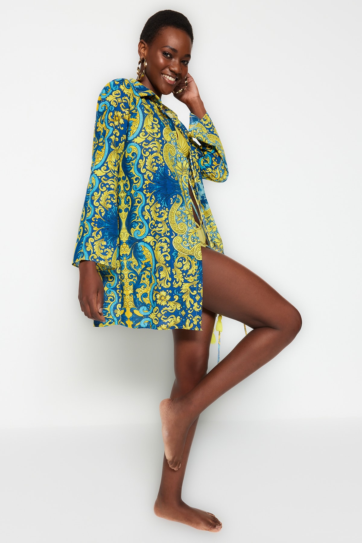 Trendyol Ethnic Patterned Mini Woven Kimono&Caftan with Tassels 100% Cotton