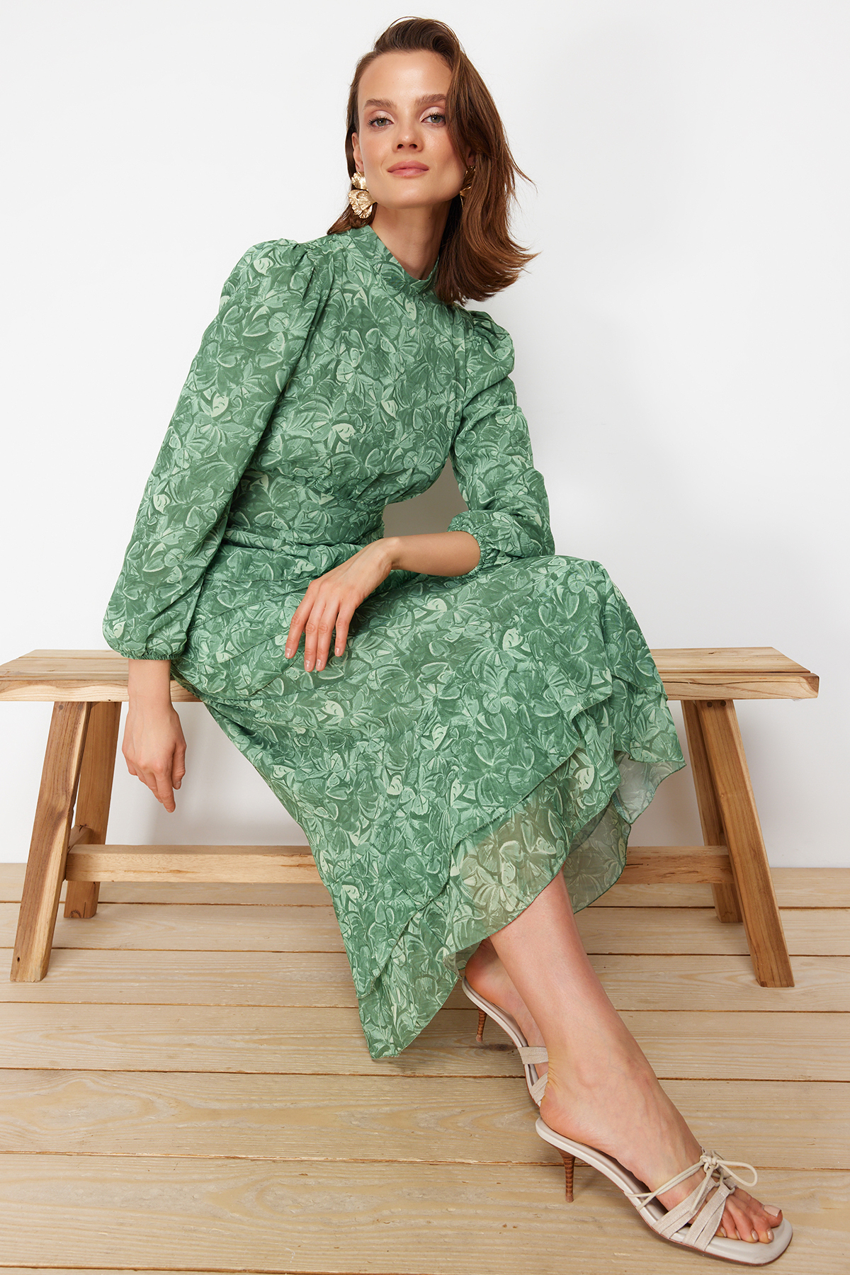 Trendyol Khaki Floral Skirt Frilly Lined Woven Chiffon Dress