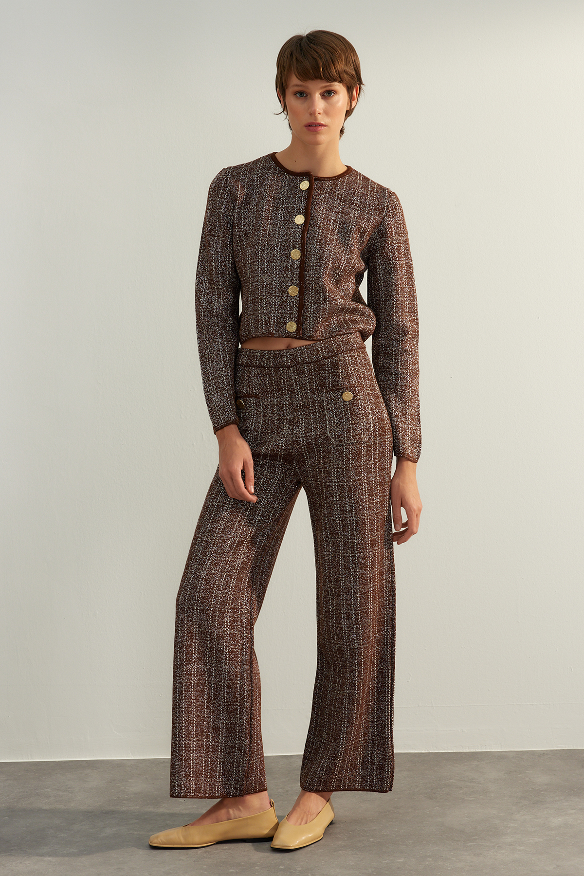 Levně Trendyol Limited Edition Brown Glittery Knitwear Pants