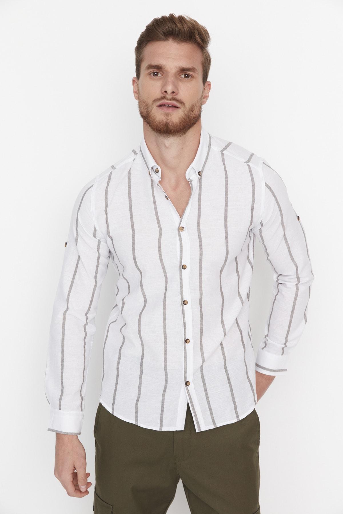 Trendyol Men's Khaki Slim Fit Buttoned Collar Epaulette Striped Shirt