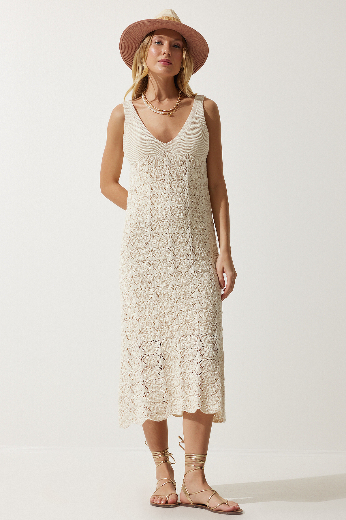 Happiness İstanbul Women's Cream Strappy Summer Knitwear Dress