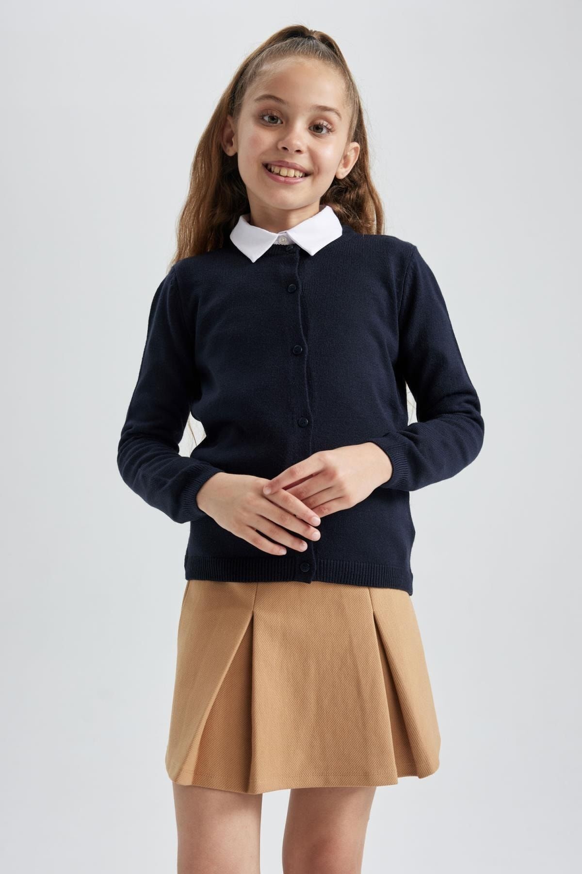 DEFACTO Girl Navy Blue Crew Neck Knitted School Cardigan