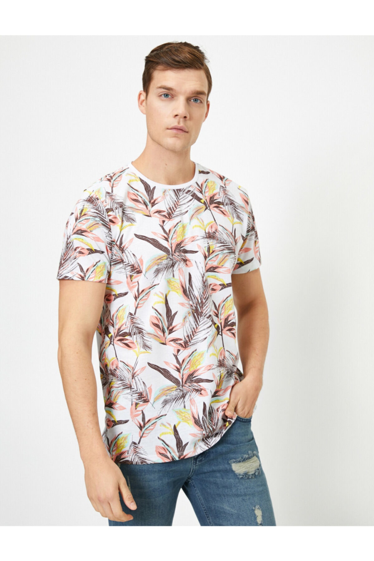 Koton Men's Floral Patterned Bicycle Collar Short Sleeve ...