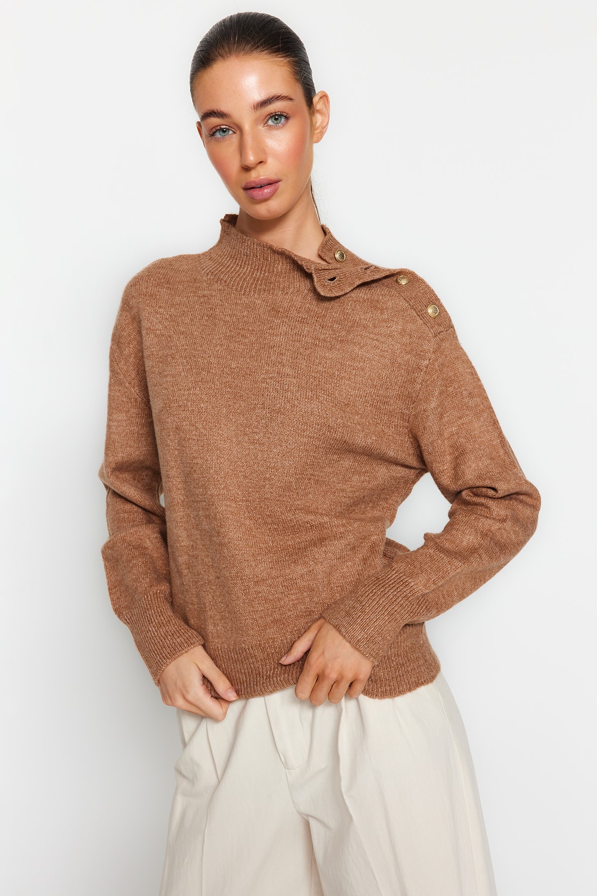Trendyol Mink Soft Textured Standing Collar Knitwear Sweater