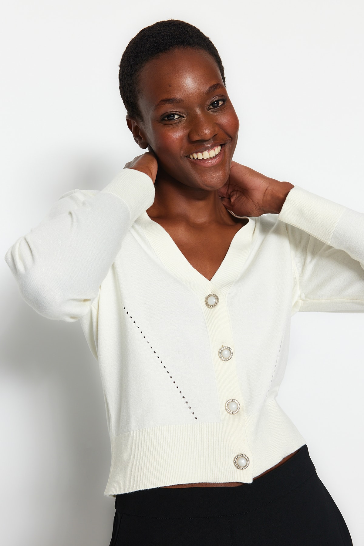 Trendyol Ecru Premium Yarn/Special Yarn Openwork/Perforated Knitwear Cardigan