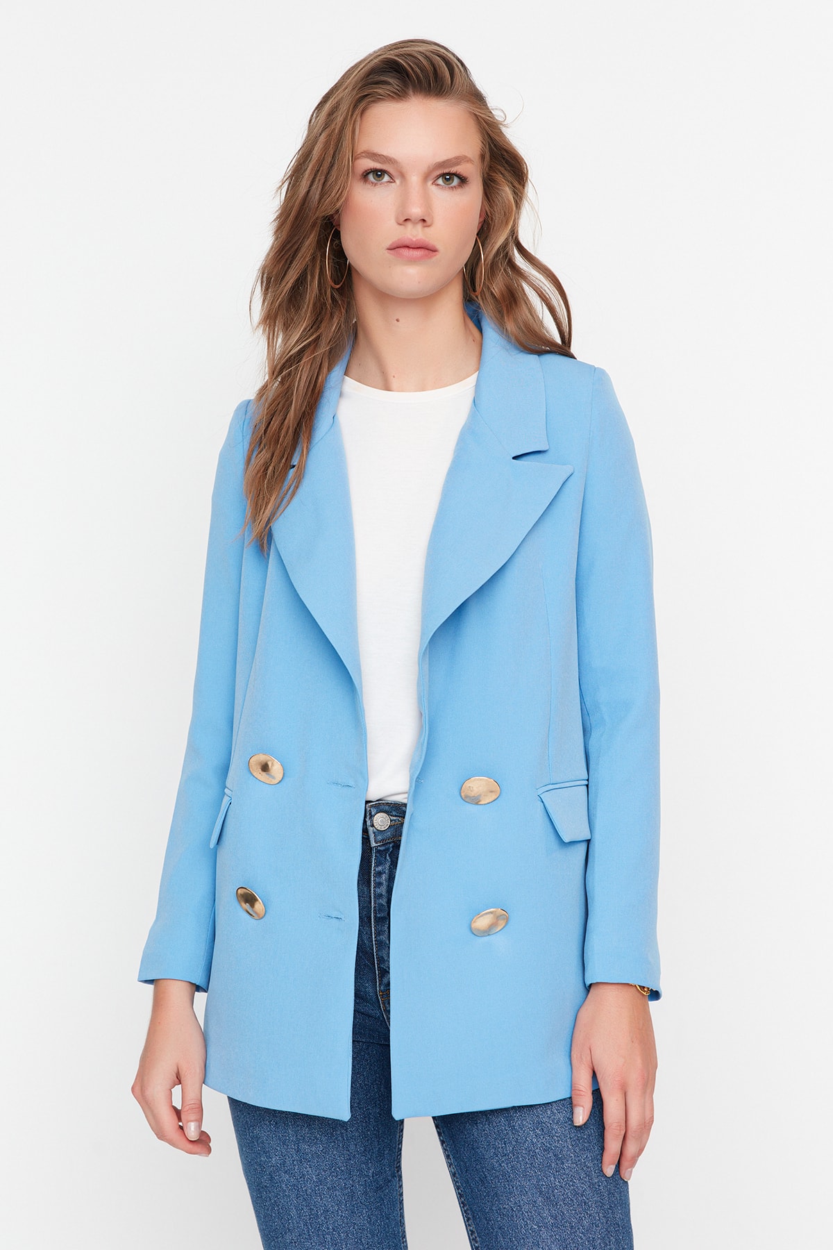 Trendyol Blue Woven Lined Double Breasted Closeup Blazer Jacket