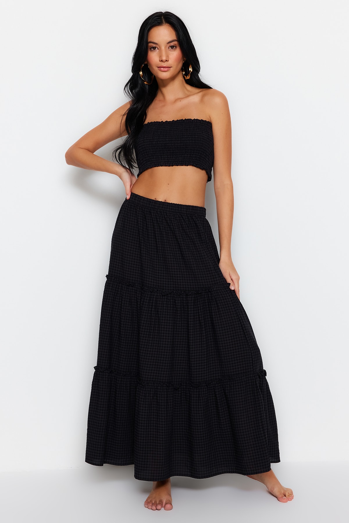 Trendyol Black Woven Frilled Blouse and Skirt Set