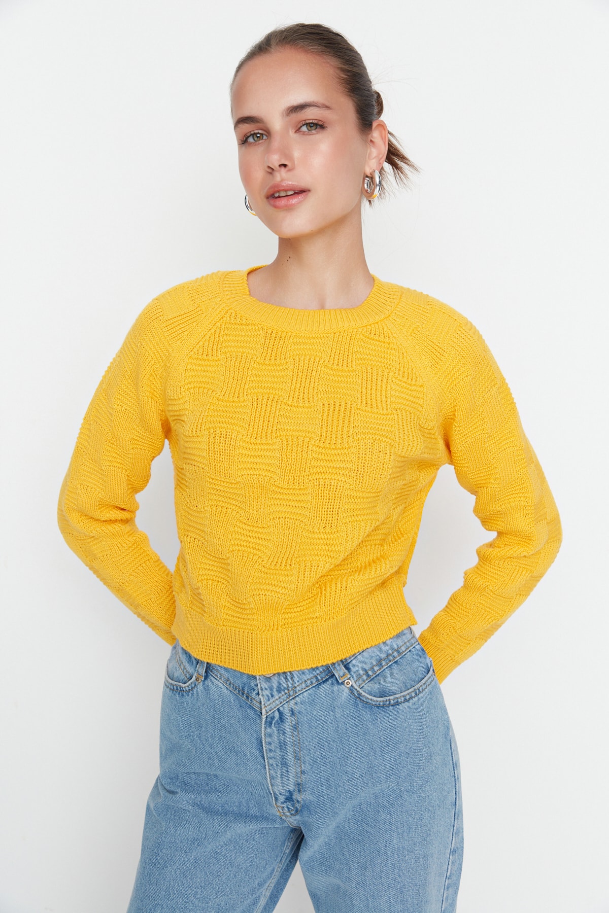 Trendyol Yellow Crop Knitted Detailed Crewneck Knitwear Sweater