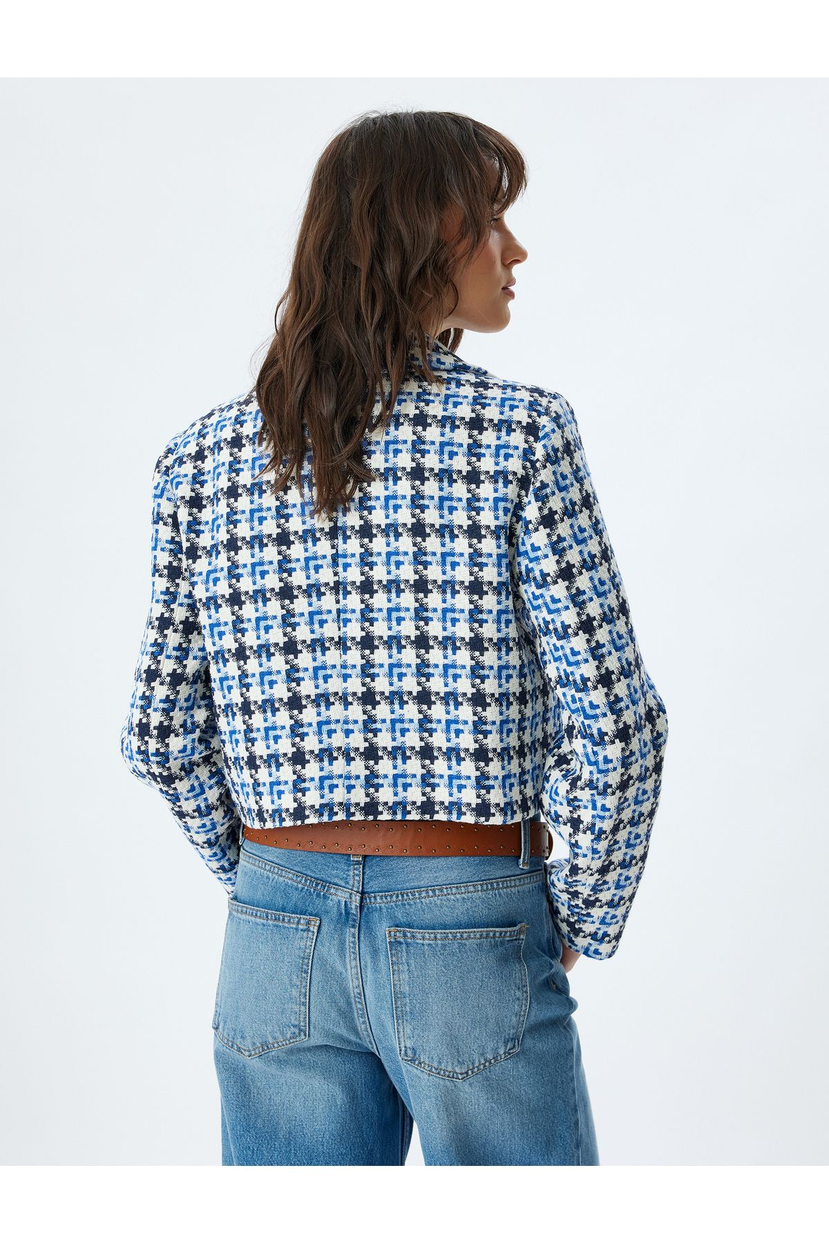 Koton Crop Tweed Jacket Shirt Collar Pocket Detail Buttoned