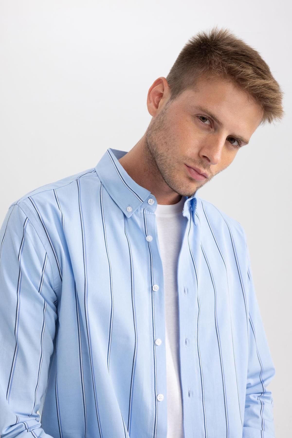 DEFACTO Modern Fit Polo Collar Striped Woven Long Sleeve Shirt
