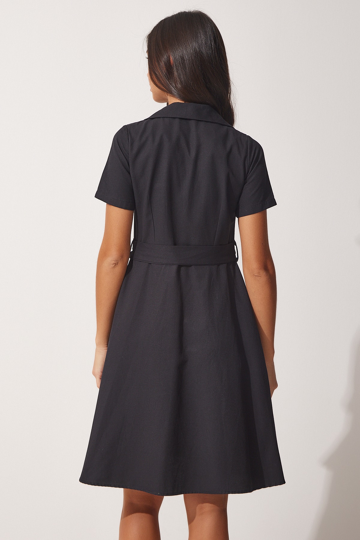 Fericirea İstanbul pentru femei negru cu centură țesută cămașă rochie