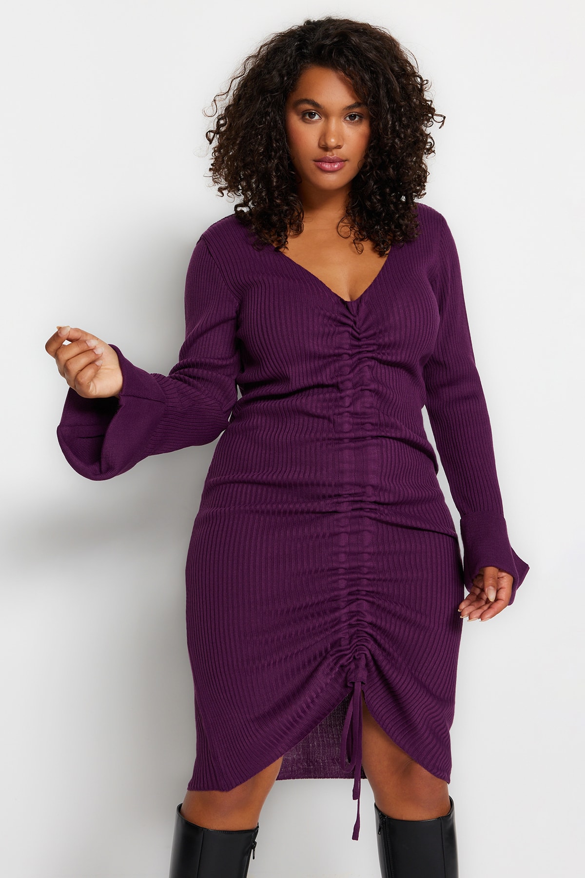 Trendyol Plum Ribbed Shirring Detail, Rochie din tricotaje fine