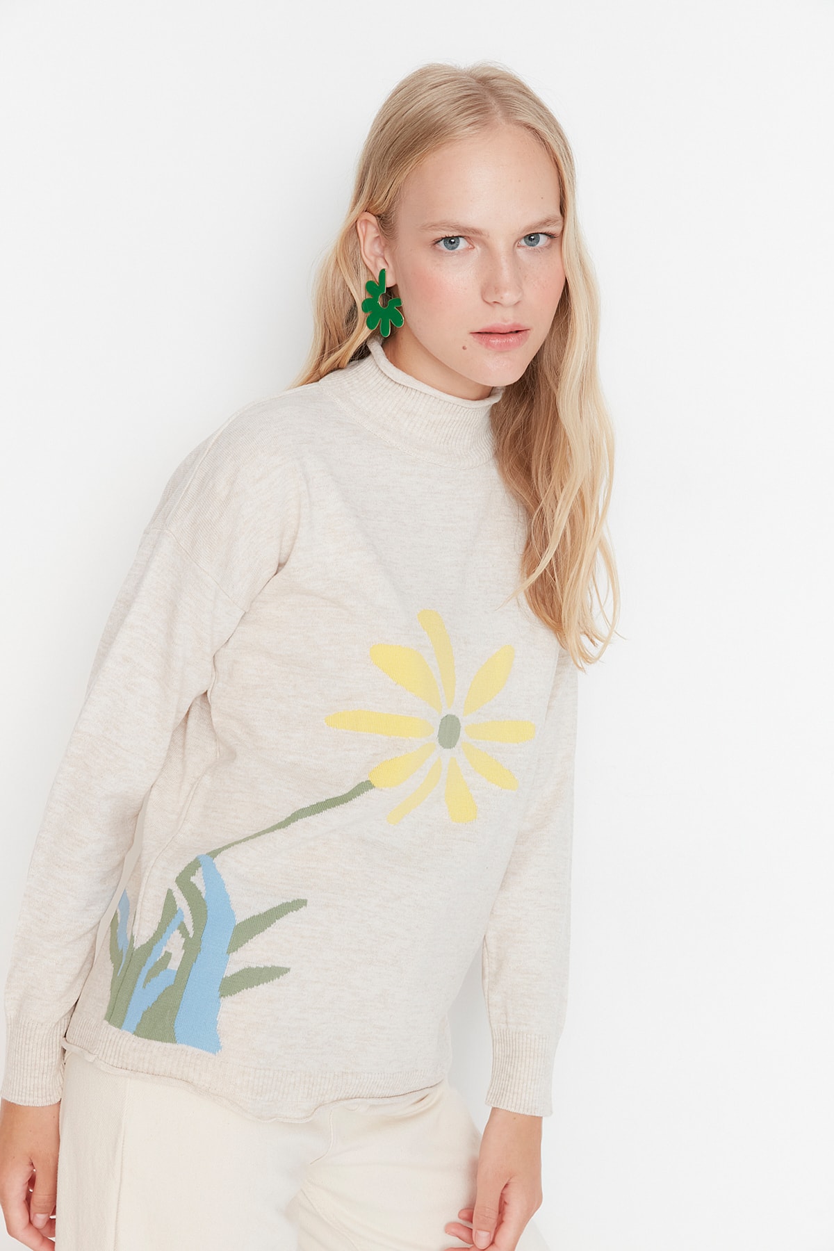 Trendyol Stone Daisy Jacquard Knitwear Sweater