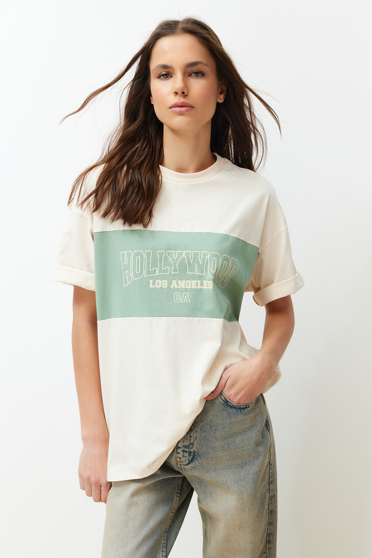 Levně Trendyol Stone Color Block City Print Oversize/Wide-Fit Knitted T-Shirt