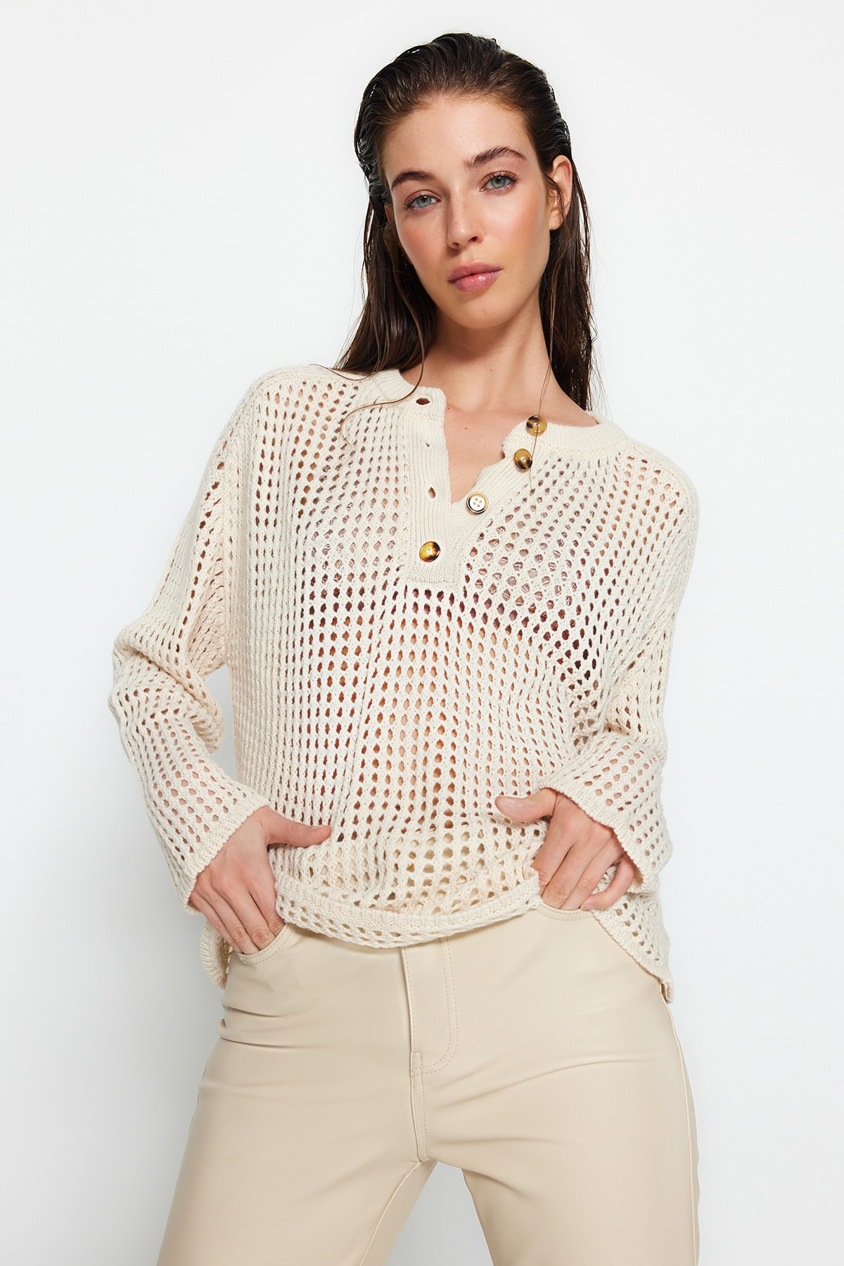 Trendyol Stone Wide fit Openwork/Perforated Knitwear Sweater
