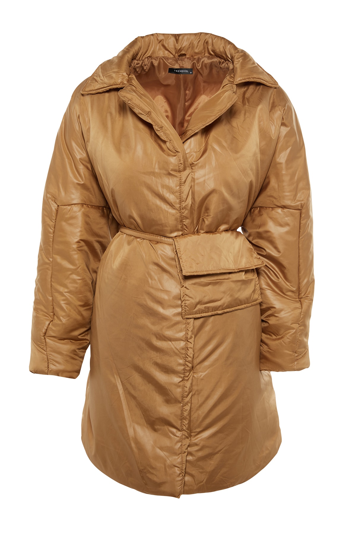 Trendyol cu geanta camel, curea detaliata jacheta puffer matlasata supradimensionata