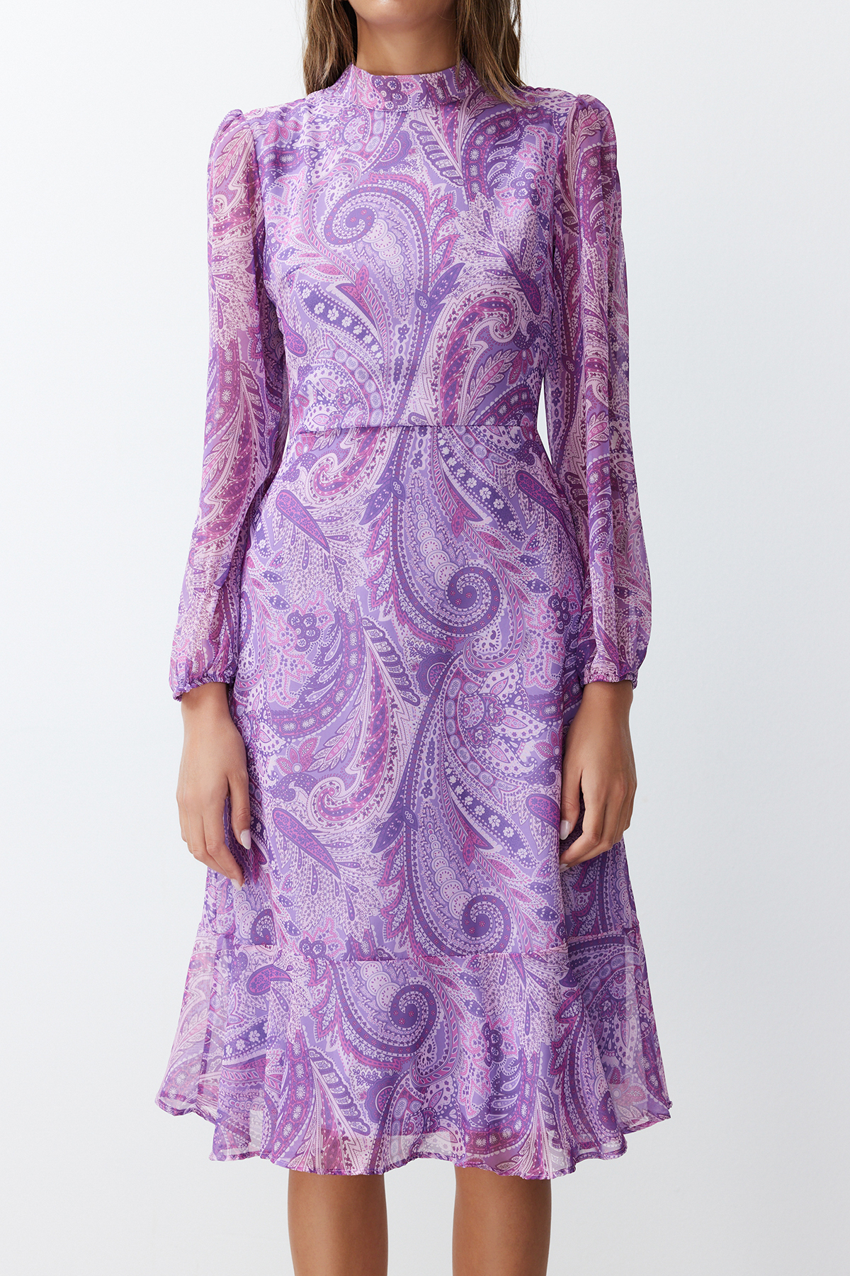 Trendyol Lilac Shawl Patterned Lined Flounced Chiffon Midi Woven Dress
