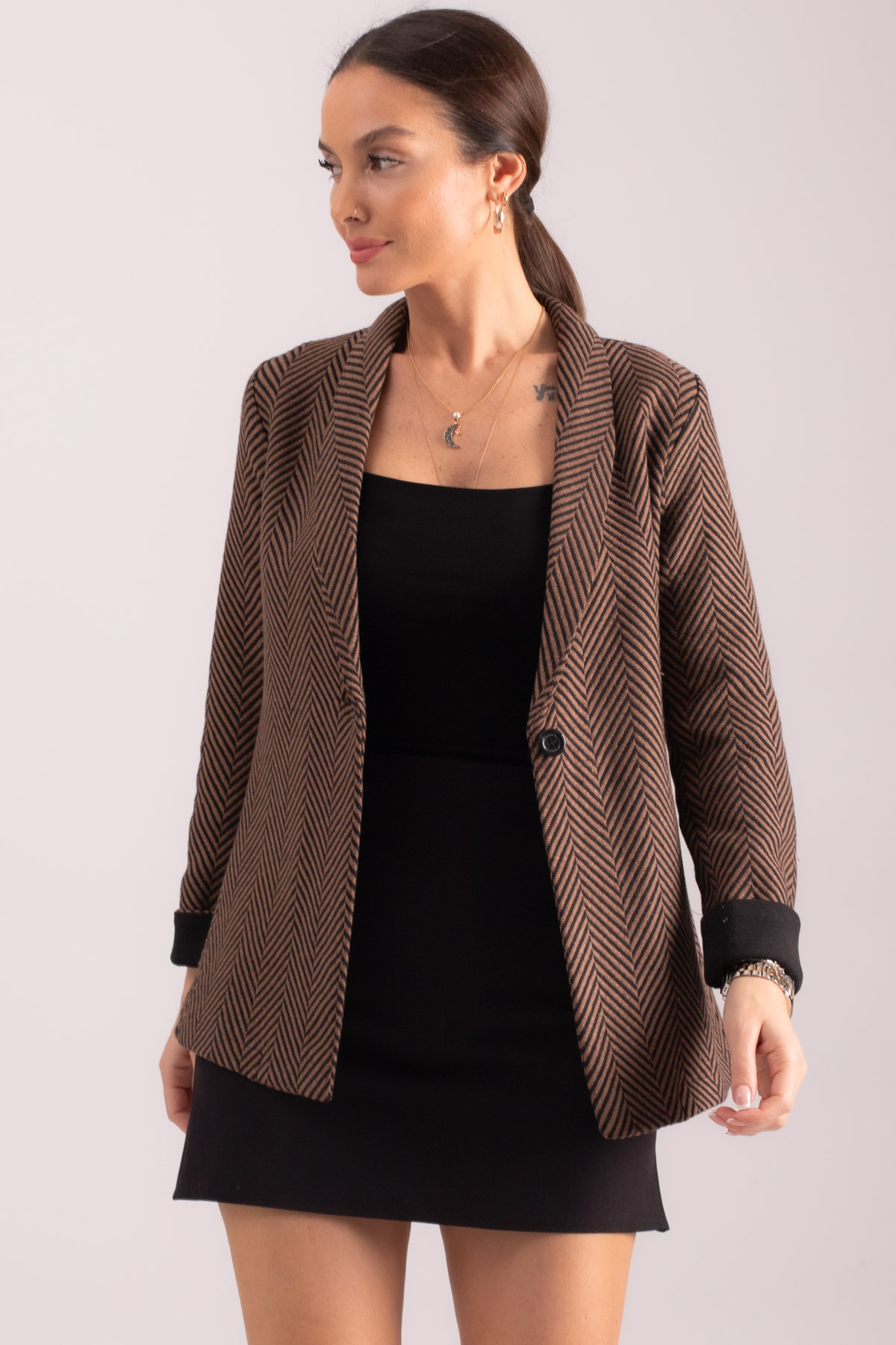 Levně armonika Women's Light Brown Herringbone Pattern Sleeve Fold Single Button Cachet Jacket