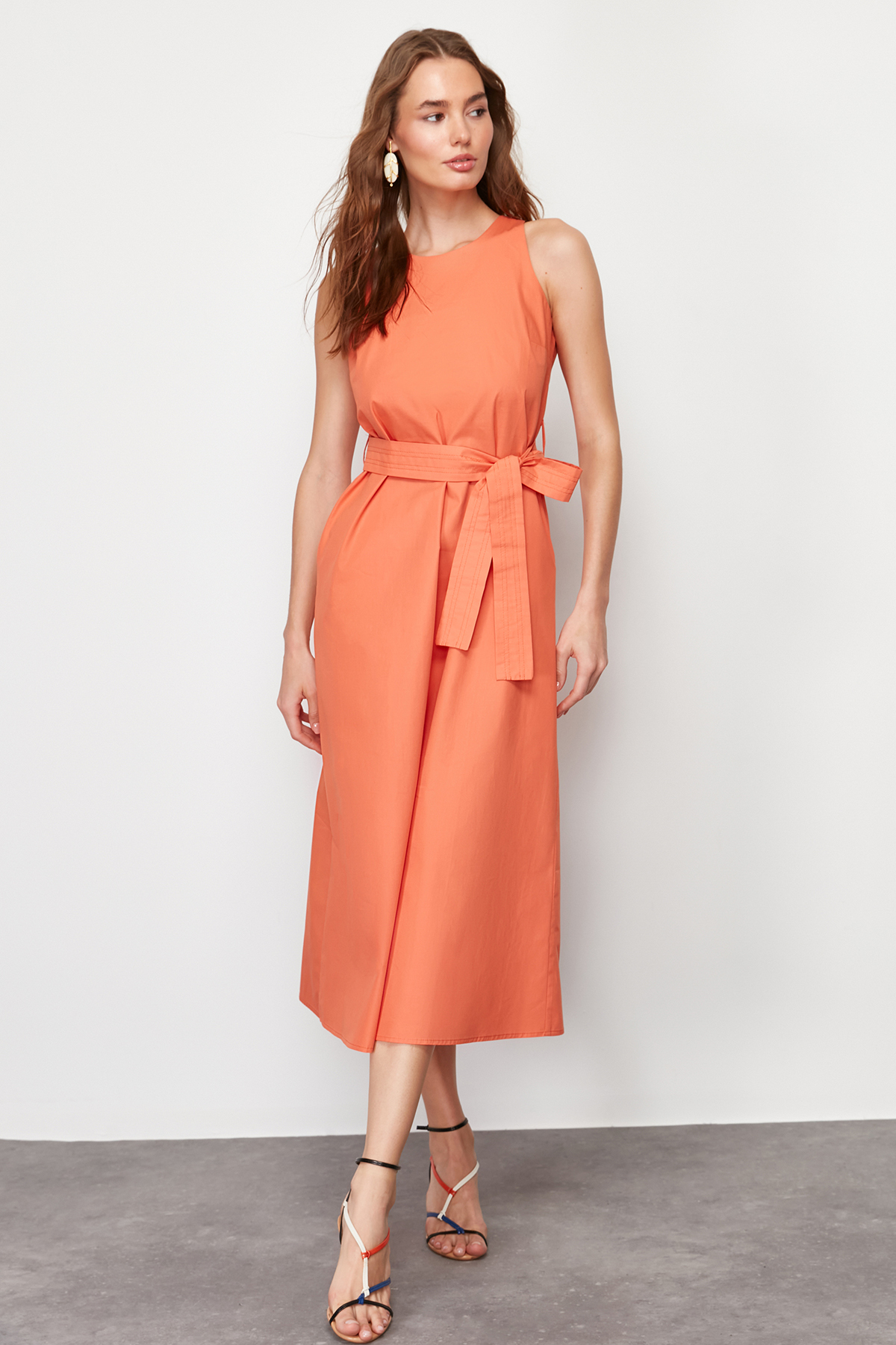 Trendyol Orange Belted 100% Cotton Poplin Pocket Midi Woven Dress
