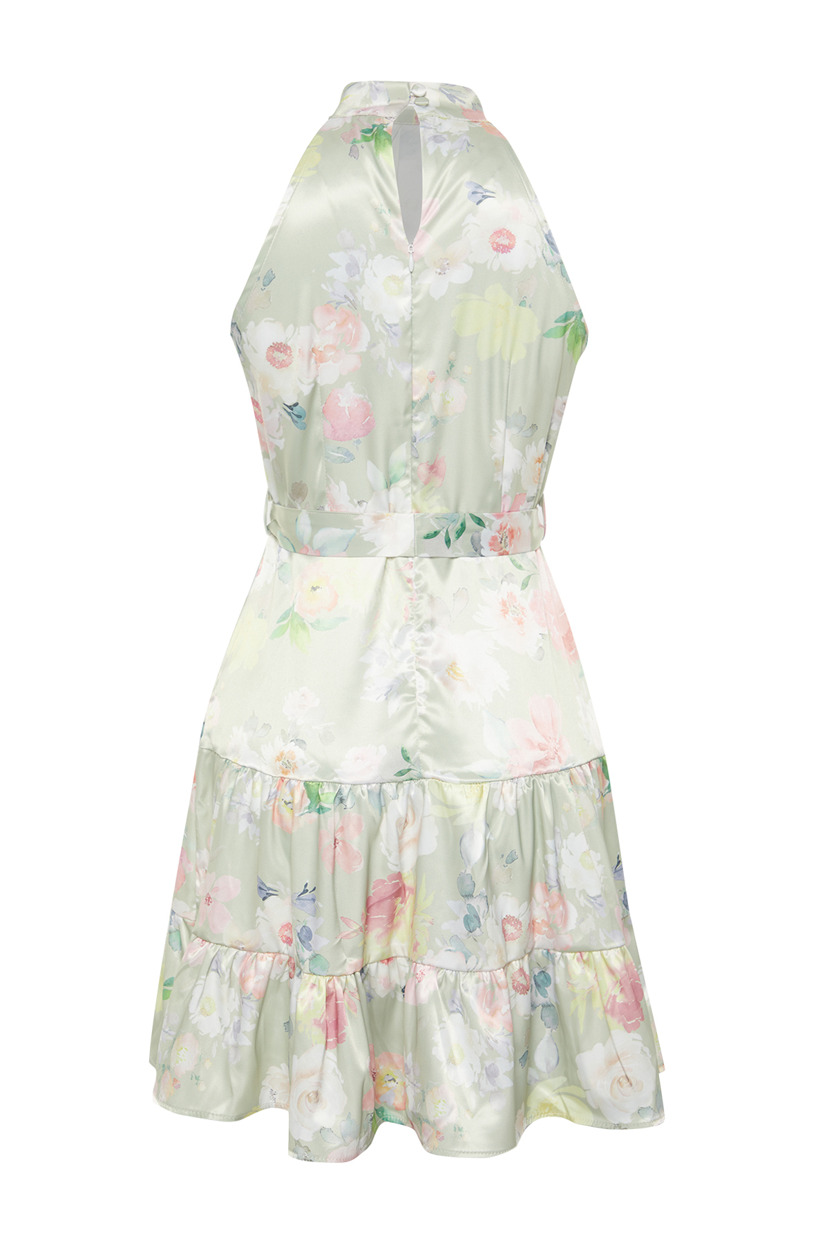 Trendyol Green Floral Patterned Halter Neck A Cut Satin Mini Woven Dress
