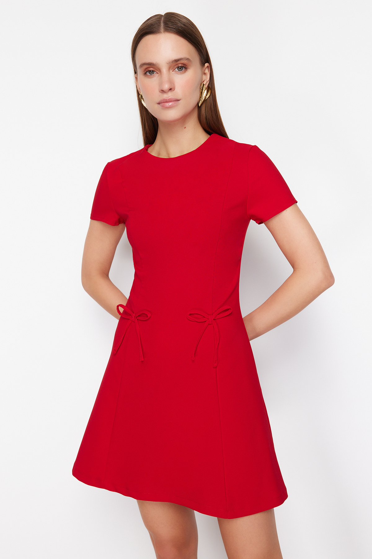 Trendyol Red Skirt Waist Opening Bow Detail Mini Woven Dress