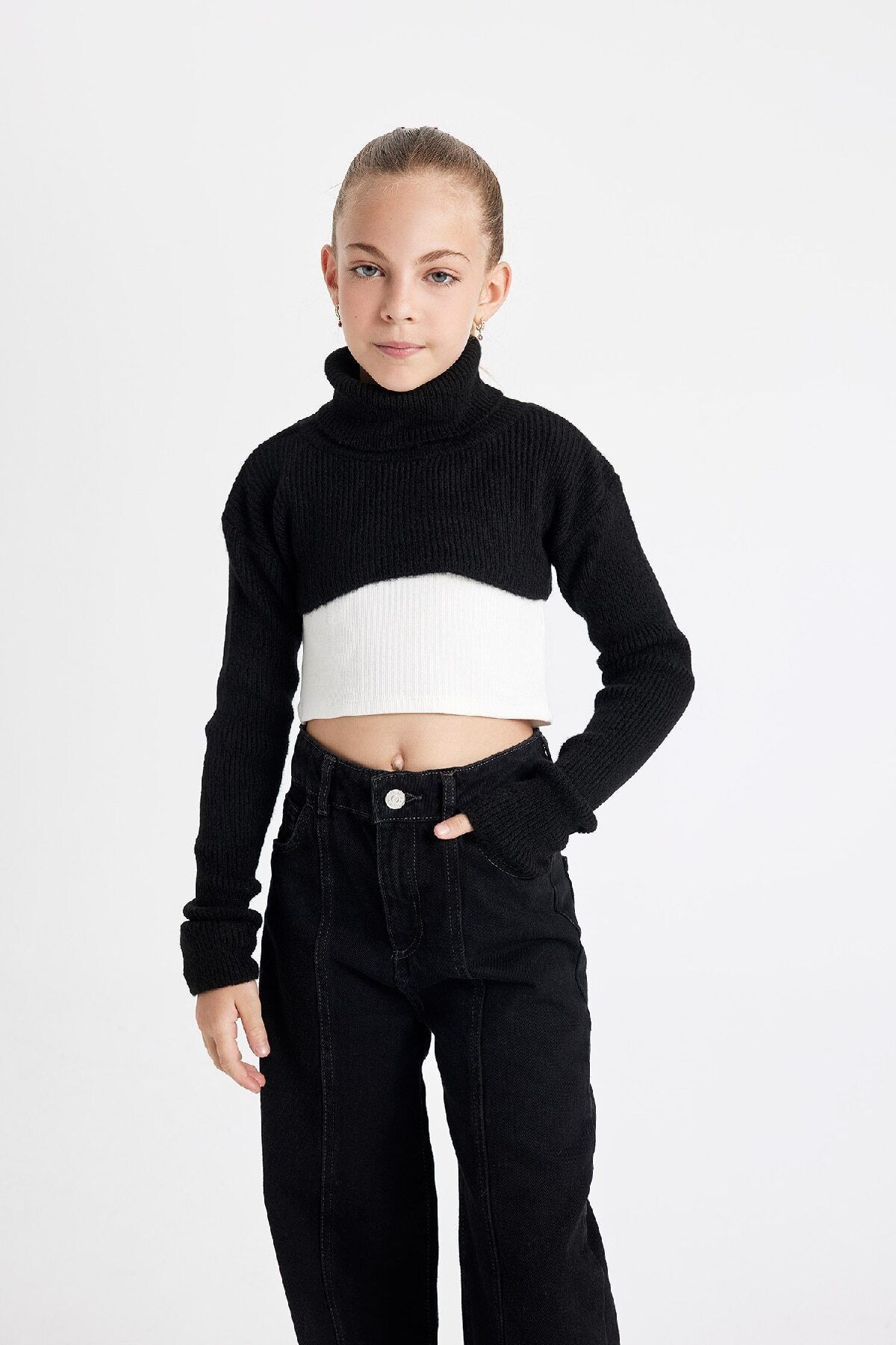 DEFACTO Girls Crop Turtleneck Sweater