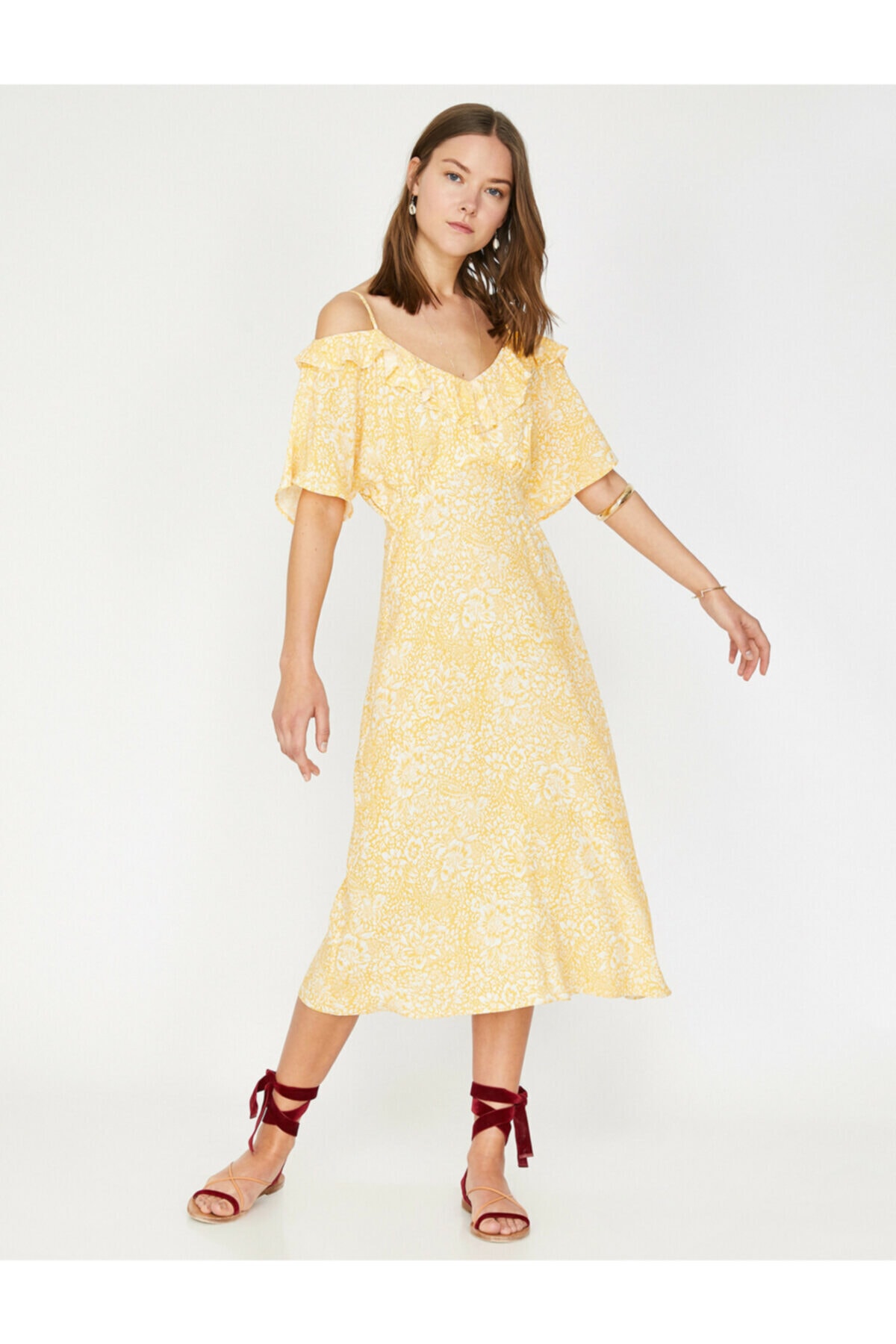 Levně Koton Women's Yellow Short Sleeve Ruffle Detail Midi Dress