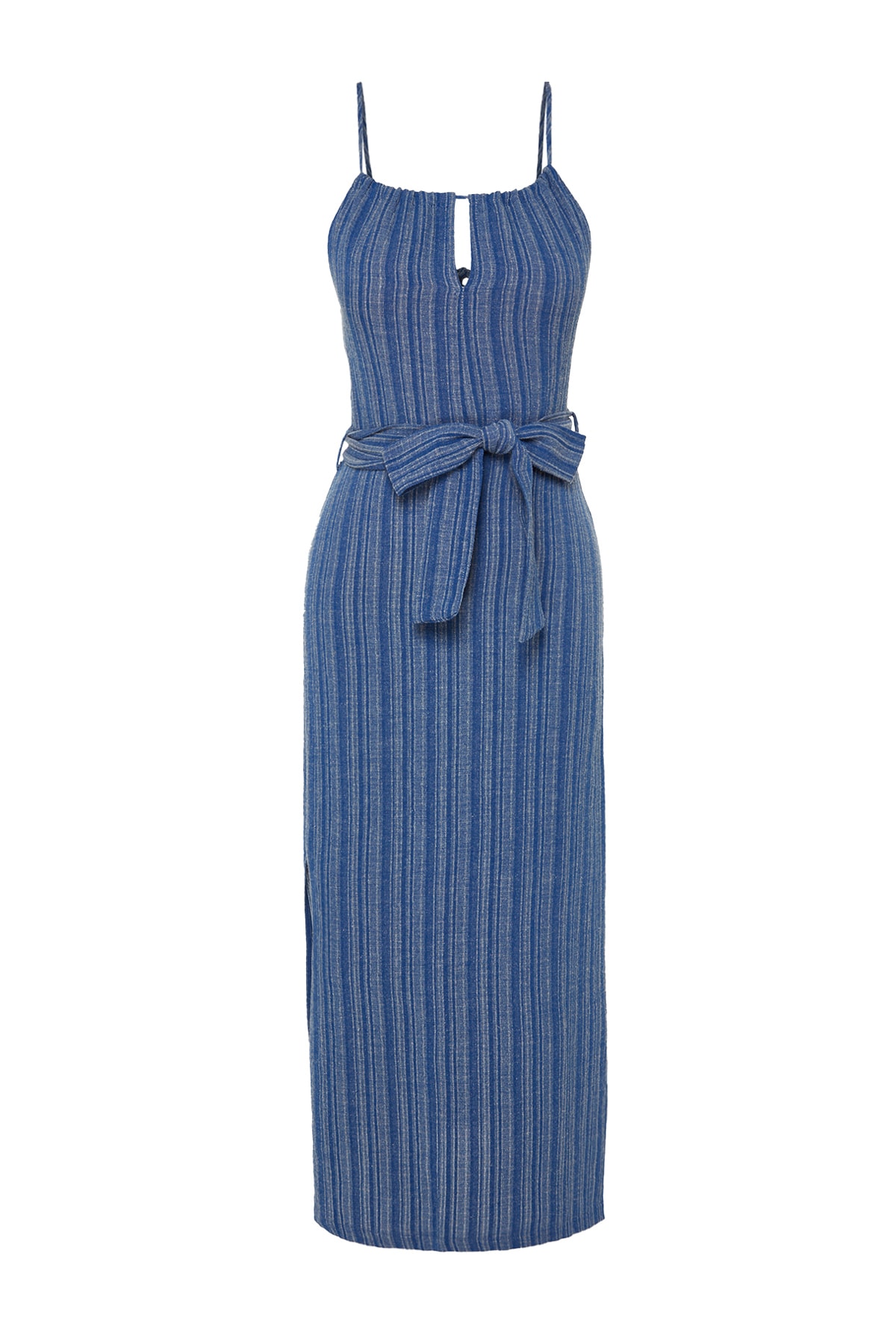 Trendyol Indigo Belted Straight Cut Slit Detailed Midi Woven Dress