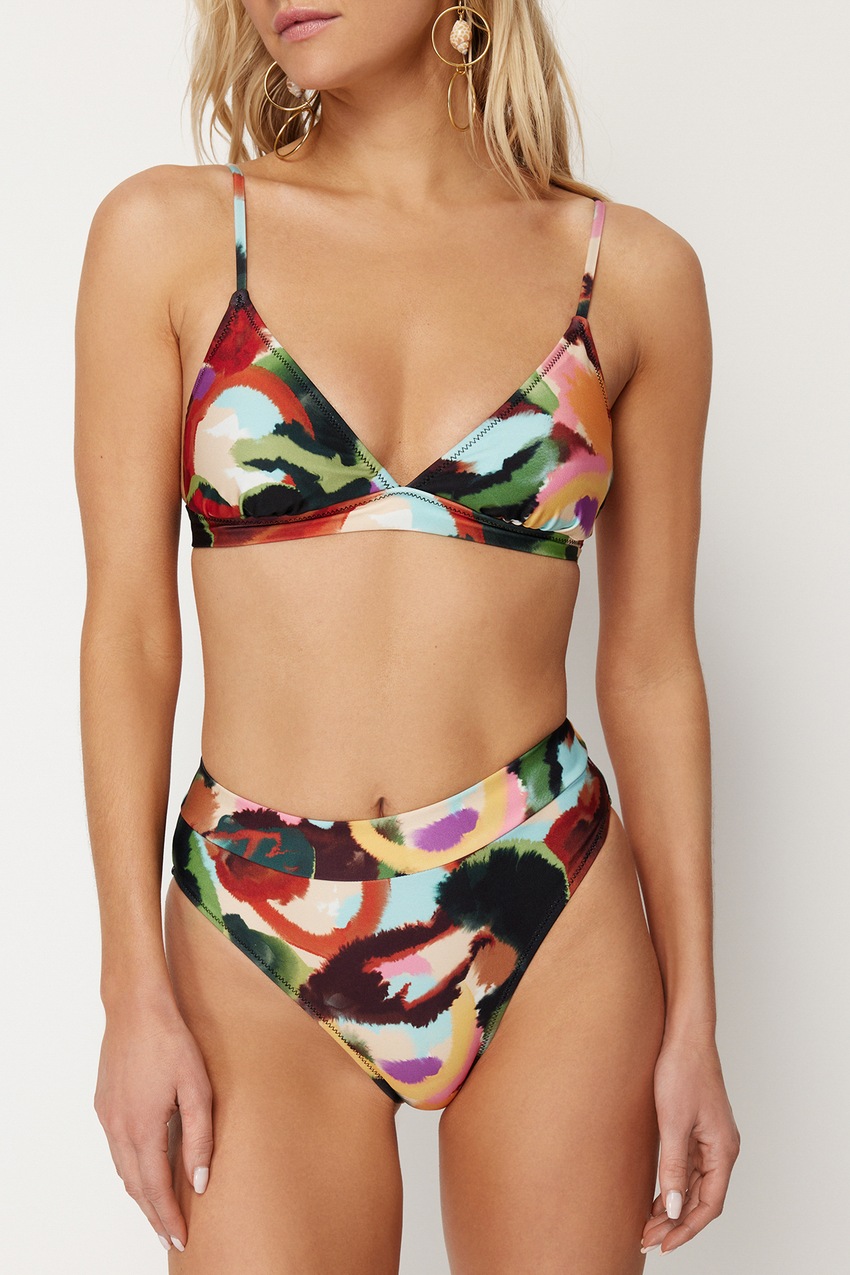 Trendyol Abstract Pattern Triangle High Waist High Leg Hipster Bikini Set