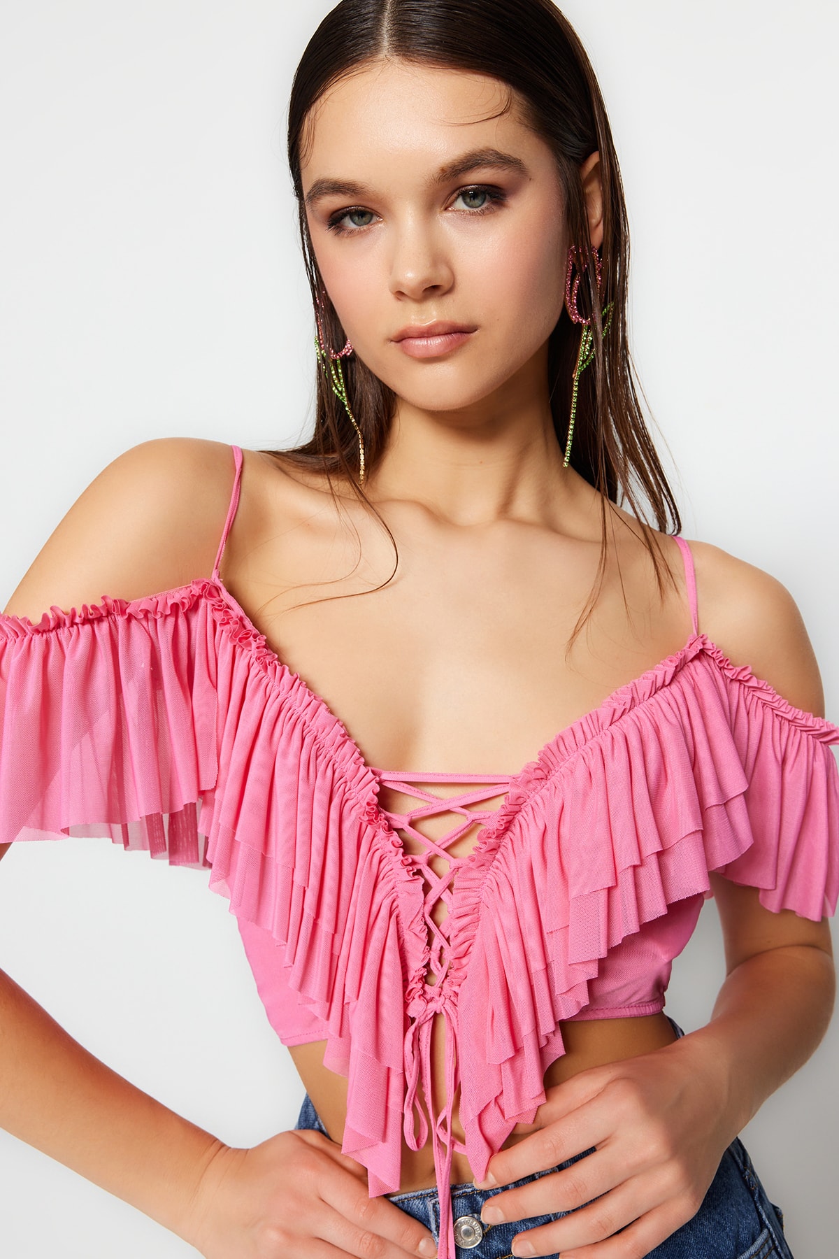 Trendyol Pink Crop Knitted Ruffle Blouse