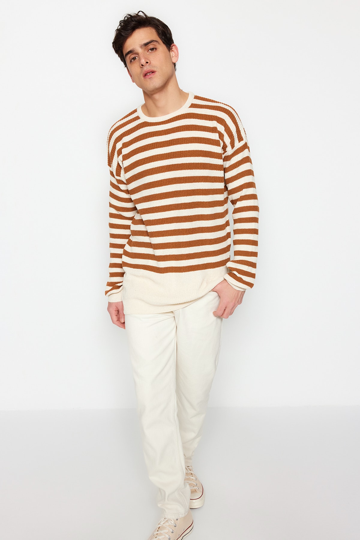 Trendyol Cinnamon Men's Crew Neck Oversize Striped Knitwear Sweater