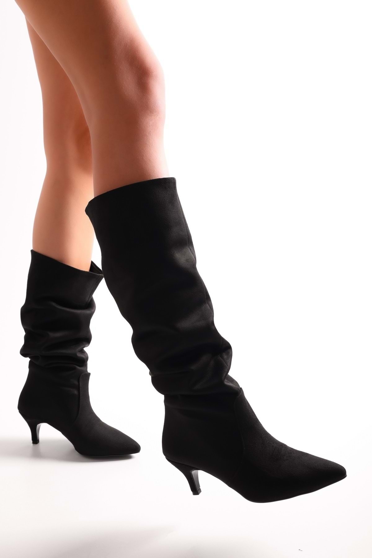 Levně Shoeberry Women's Pia Black Suede Gapped Heeled Boots Black Suede