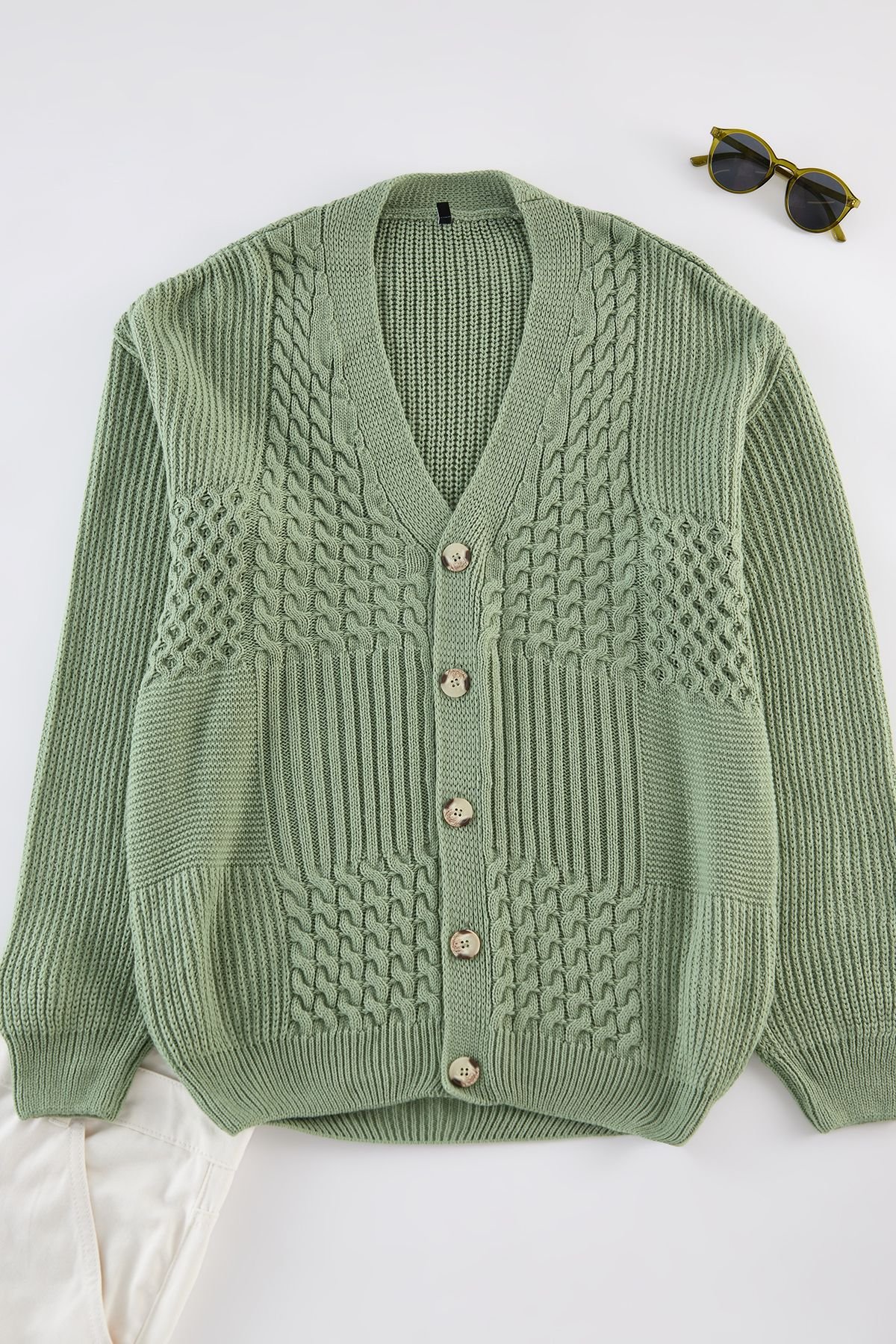 Trendyol Limited Edition Mint FL Men's Regular V Neck Hair Knit Sweater Cardigan