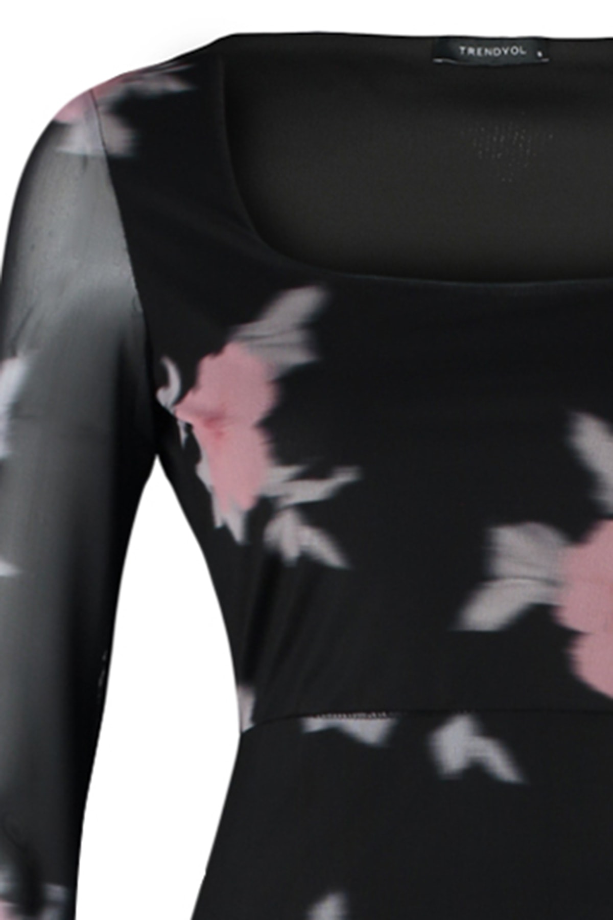 Trendyol Black Tulle Floral Fitted Square Collar Long Sleeve Maxi Stretch Knit Dress