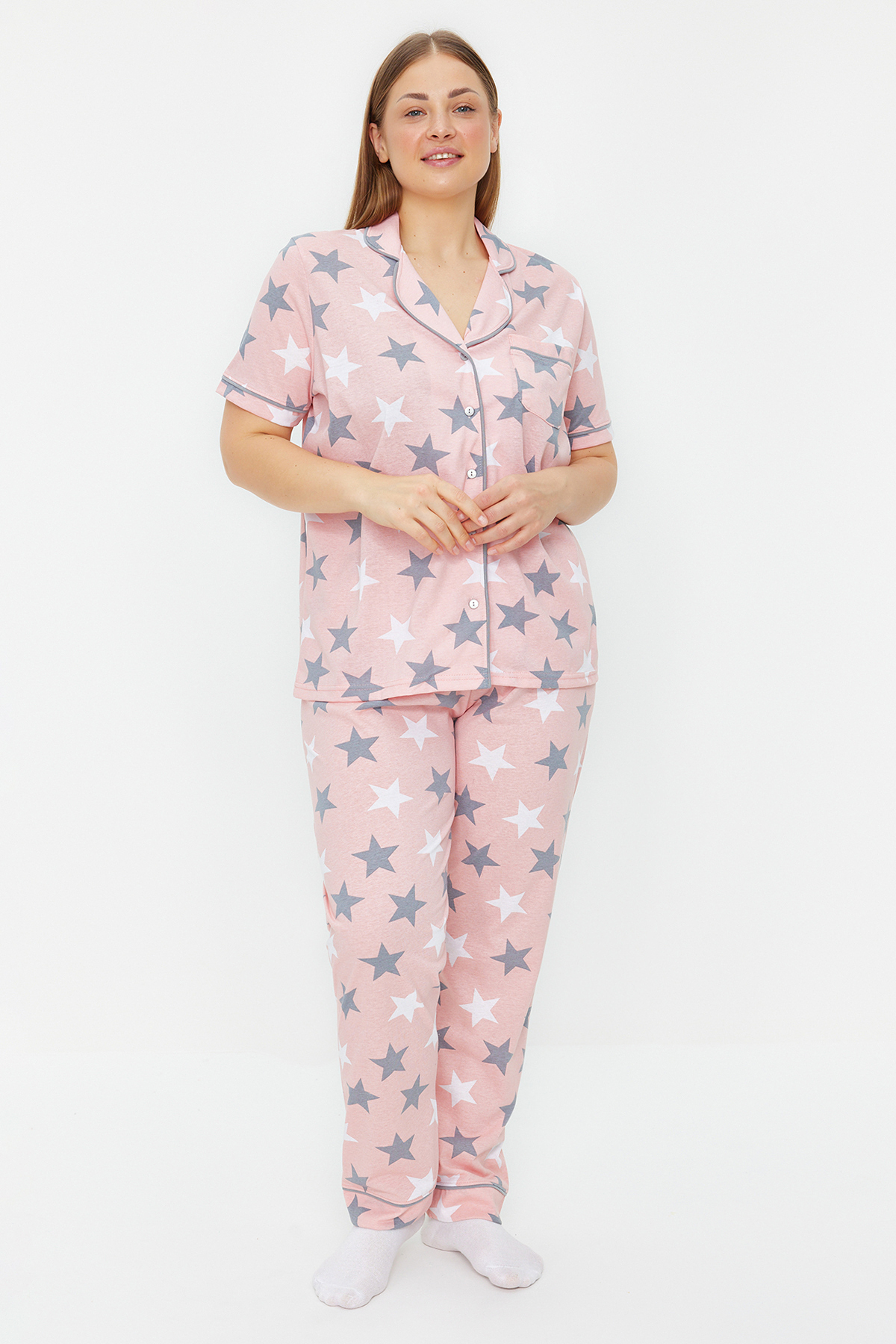 Levně Trendyol Curve Powder Star Pattern Shirt Collar Knitted Pajamas Set