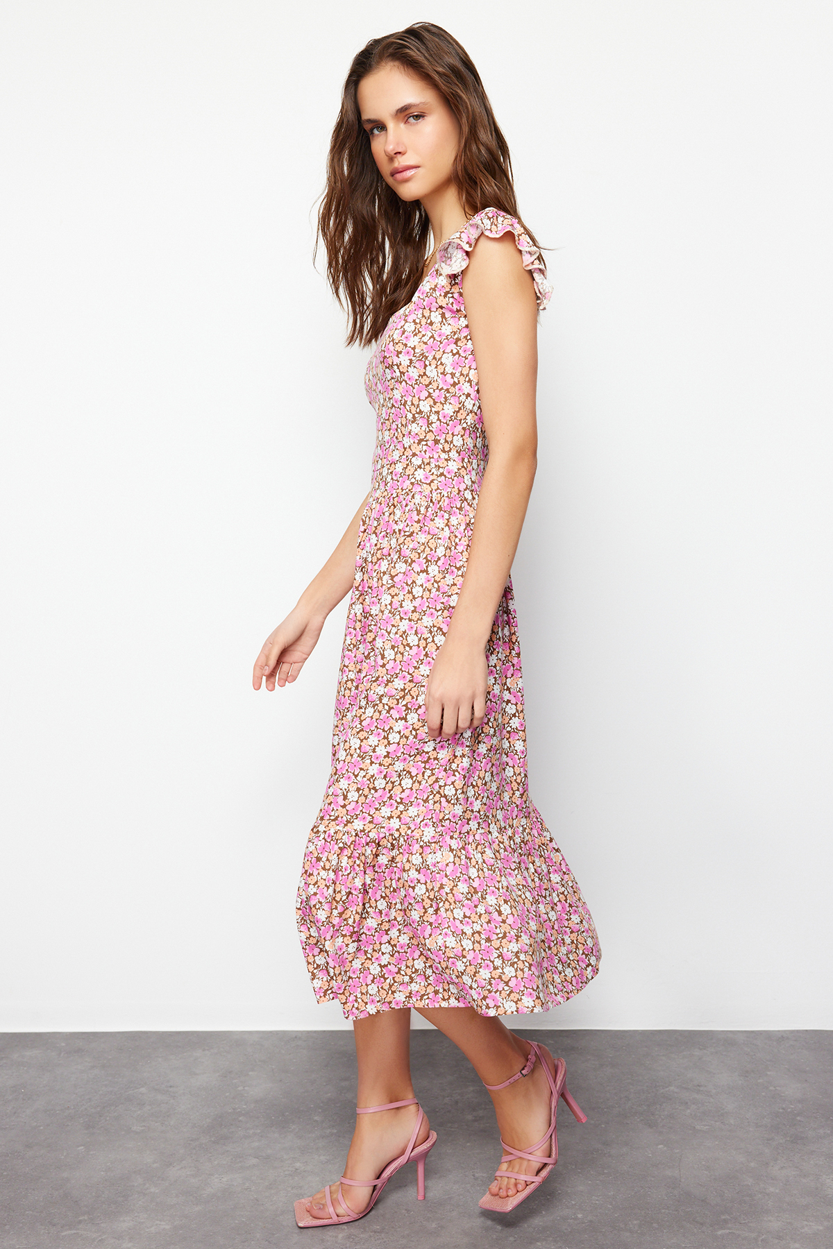 Trendyol Lilac Floral Print Square Collar A-line Viscose Midi Woven Dress