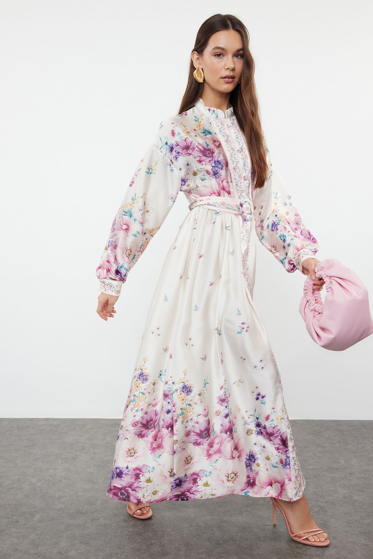Trendyol Ecru Belted Woven Floral Patterned Dress