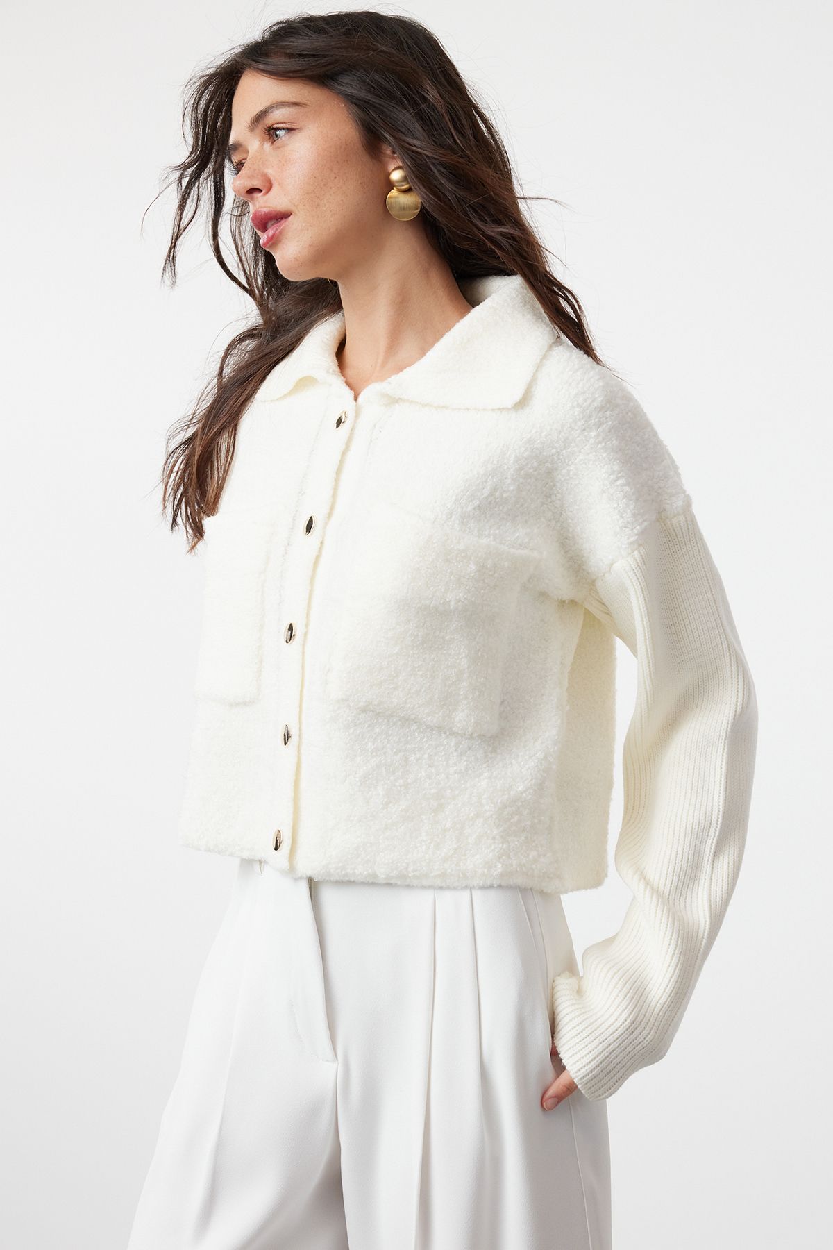 Trendyol Bone Oversize/Wide Pattern Boucle Polo Collar Coat-Look Knitwear Cardigan