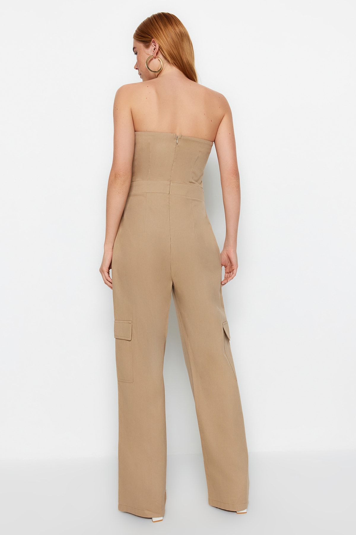 Trendyol Camel Cargo Pocket Strapless Collar Maxi Woven Jumpsuit