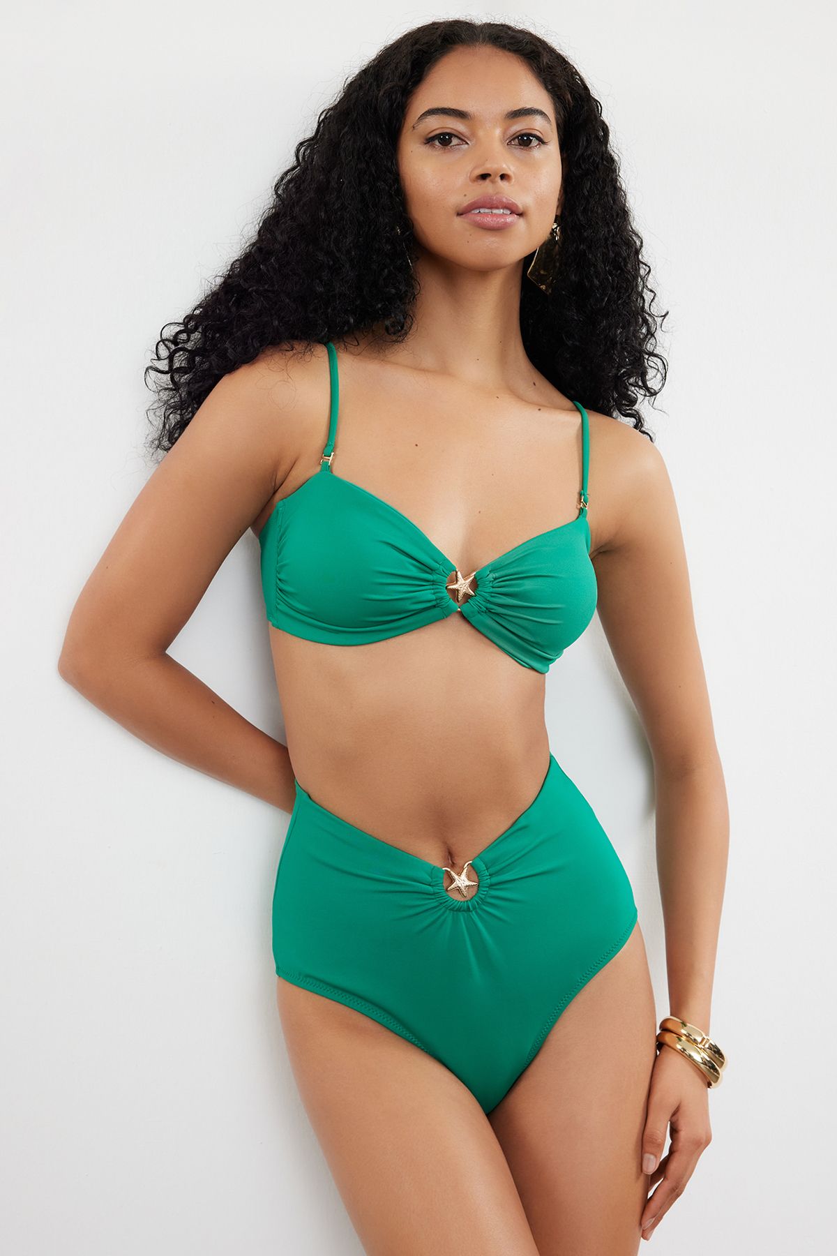 Trendyol Emerald Green Premium Accessorized High Waist Hipster Bikini Bottom