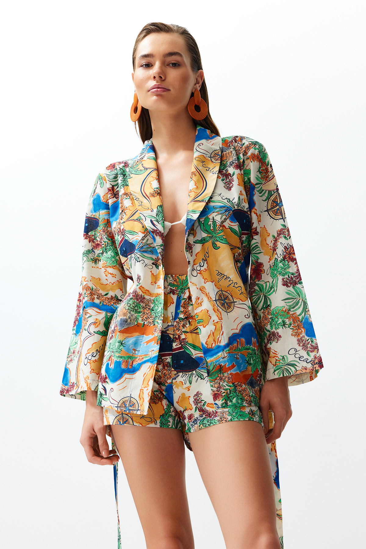 Levně Trendyol Tropical Patterned Belted Woven 100% Cotton Kimono Shorts Set