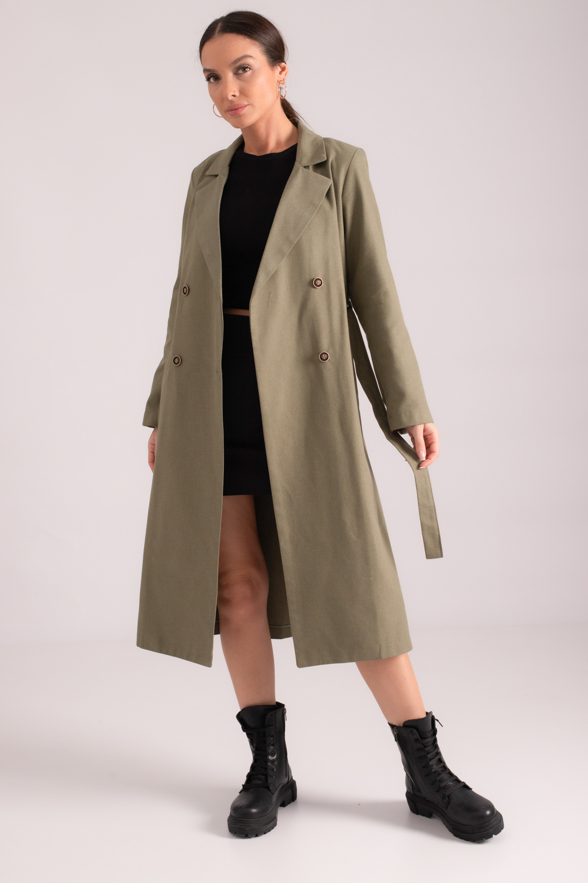 Levně armonika Women's Khaki Double Breasted Collar Waist Belted Long Trench Coat with Pocket