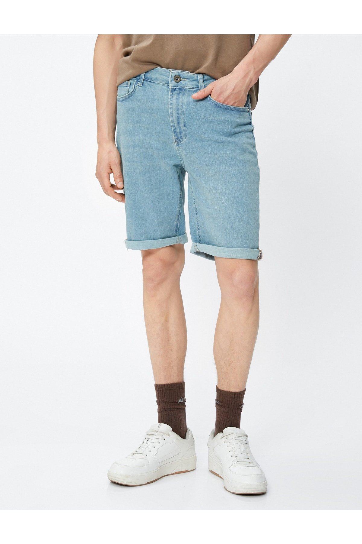 Levně Koton Bermuda Slim Fit Denim Shorts with Fold Detail Buttons.
