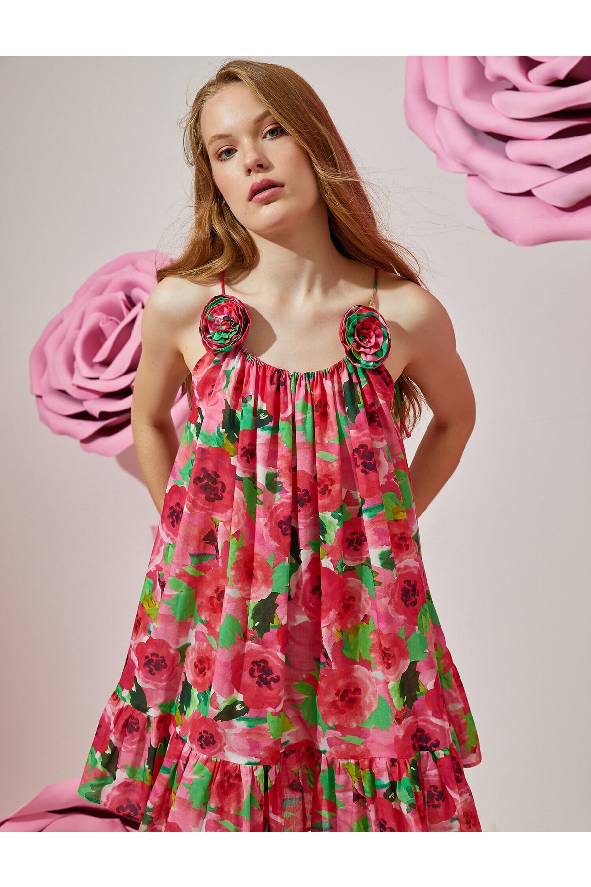 Levně Koton květinový vzor tenké ramínko šaty mašle detailní