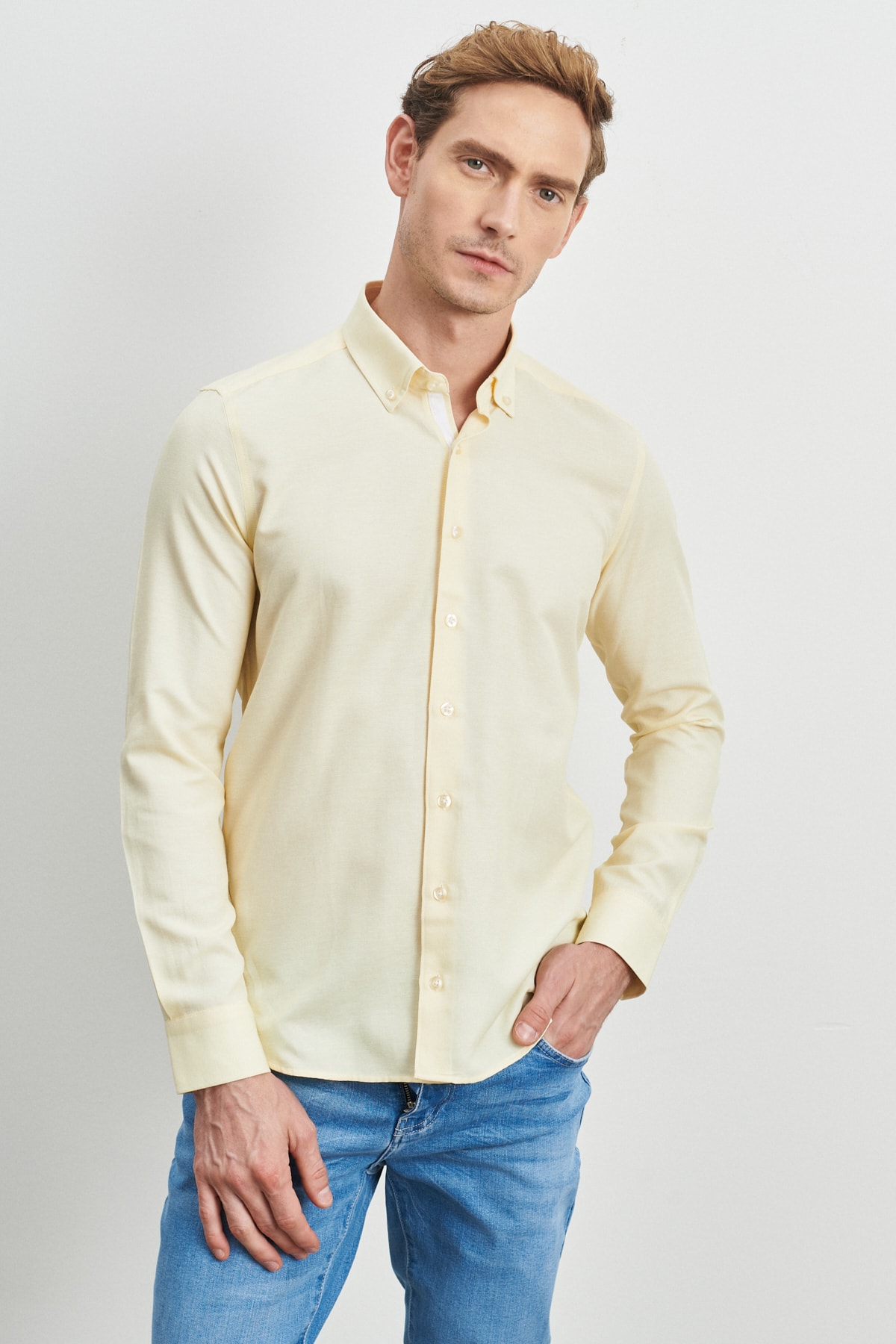 AC&Co / Altınyıldız Classics Men's Yellow Slim Fit Slim Fit Cotton Hidden Button Collar Long Sleeve Oxford Shirt